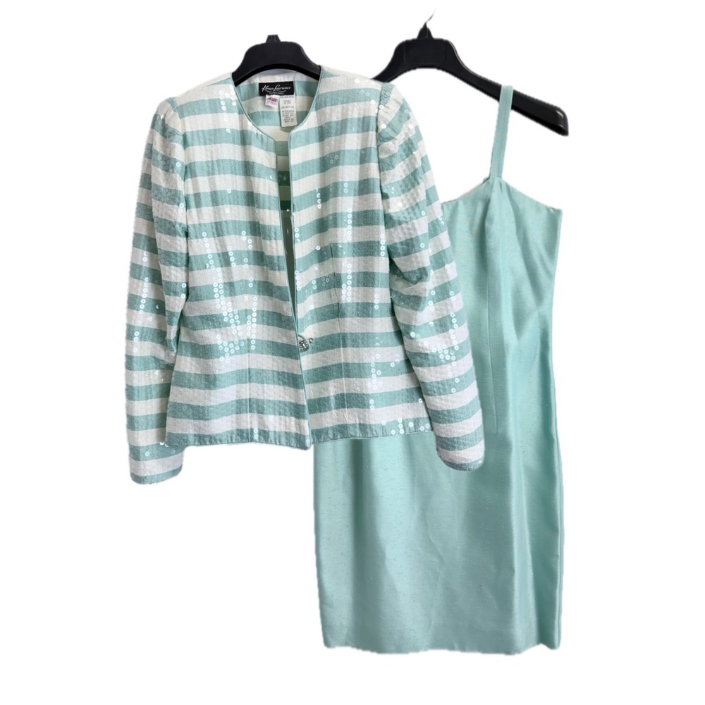 Karen Lawrence Vintage 2 Piece Set Sequin Striped Jacket & Dress Mint Green 6